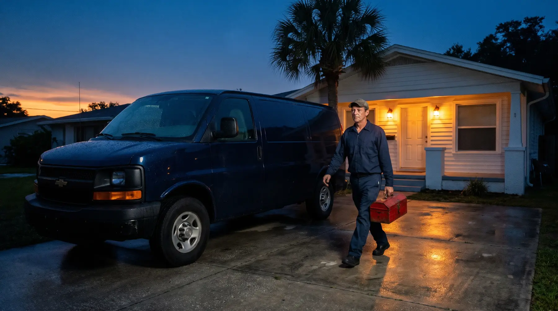 A Tampa Plumbing Krewe plumber carrying his toolbox up the drive of an older Tampa home