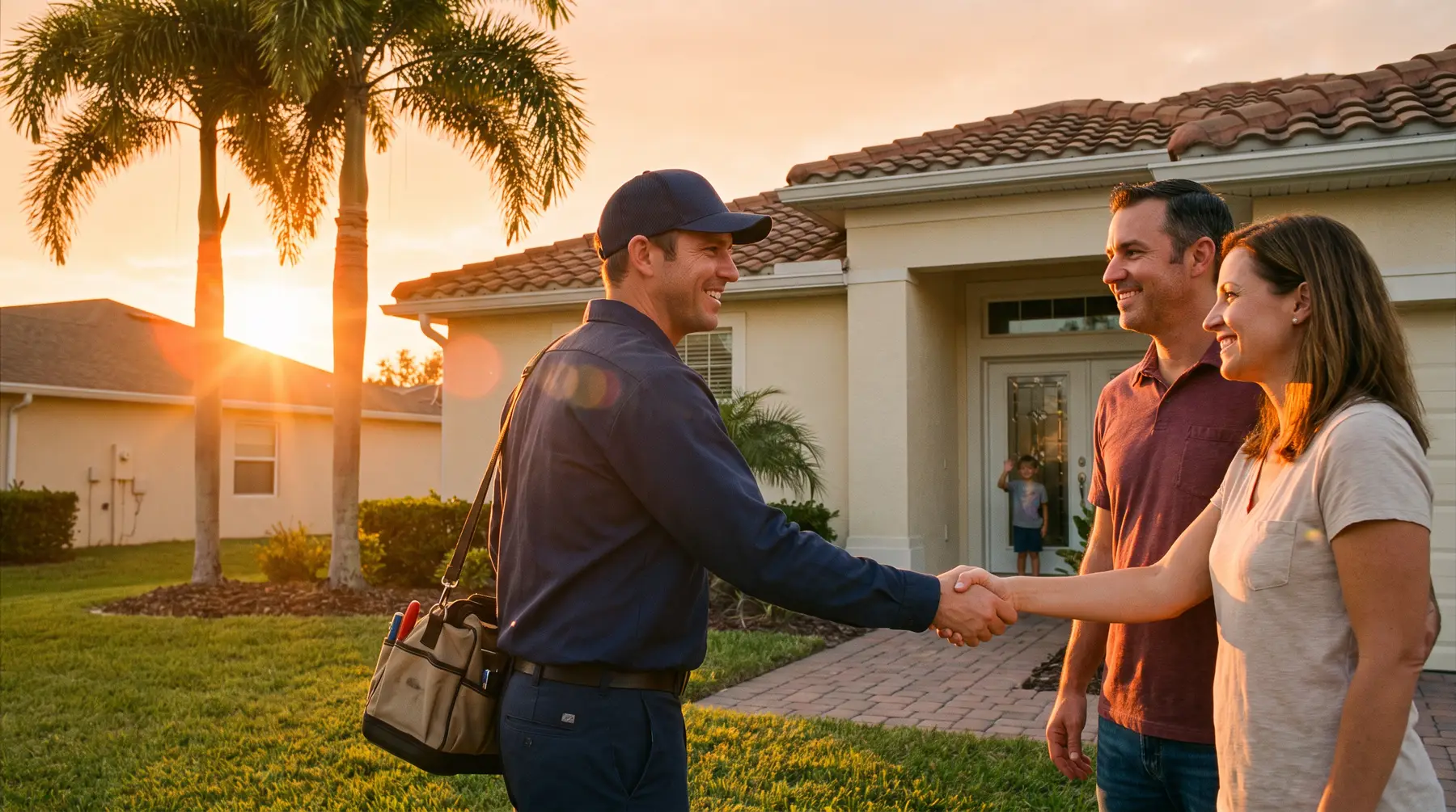 A Tampa Plumbing Krewe plumber shaking hands with homeowners outside their Florida home after a repair